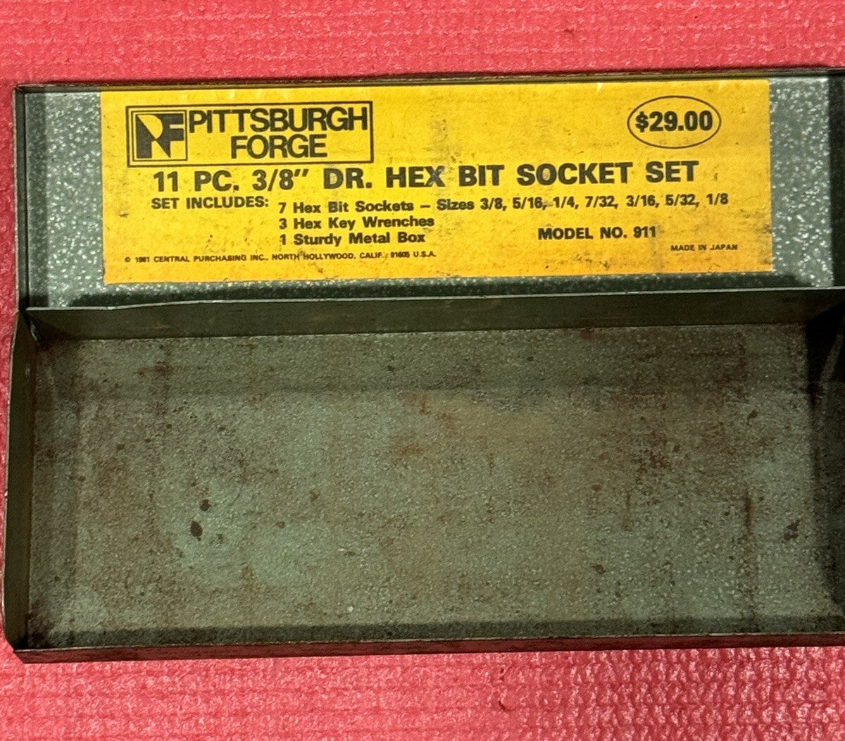 Vintage Pittsburgh Forge 911, 3/8" Drive Hex Bit Socket Set Green Case Only RARE