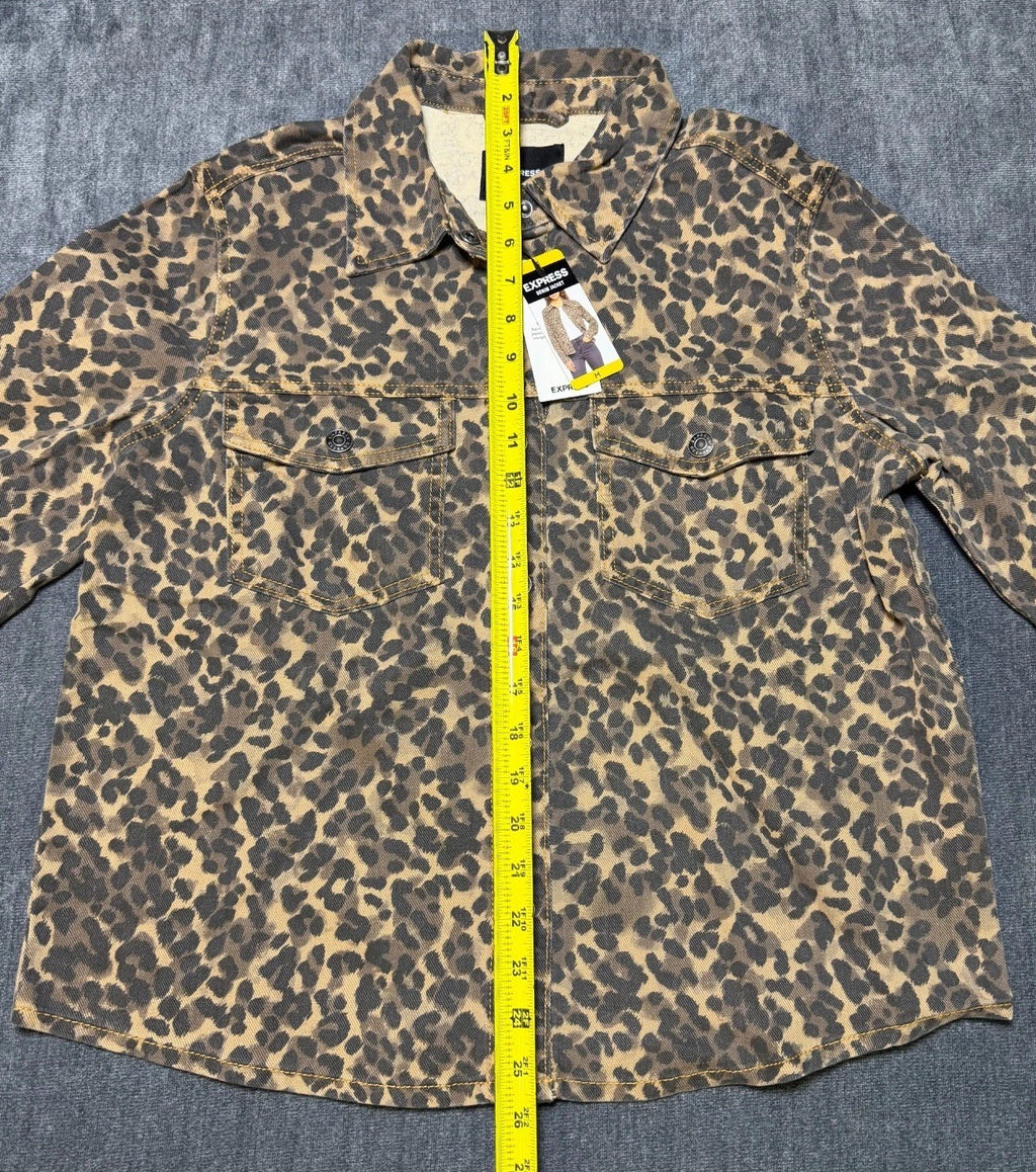 Express Lightweight Leopard Print Classic Denim Jacket Women's Medium Multicolor