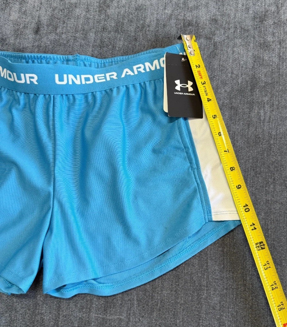 NWT Under Armour Tech Play Up Shorts Girls Ether Blue Drawstring 100% Polyester