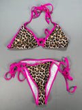 Women's Leopard Print Bikini Set Medium Pink Trim Triangle Top High Cut Bottoms