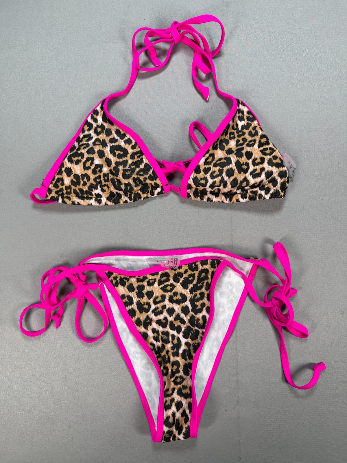 Women's Leopard Print Bikini Set Medium Pink Trim Triangle Top High Cut Bottoms
