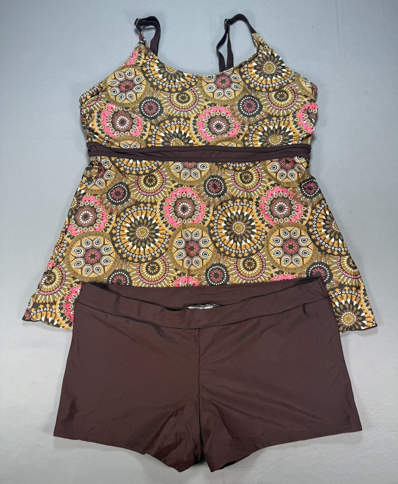 Yonique Two Piece Tankini Swimsuit Women's 4XL Brown Medallion Floral Summer