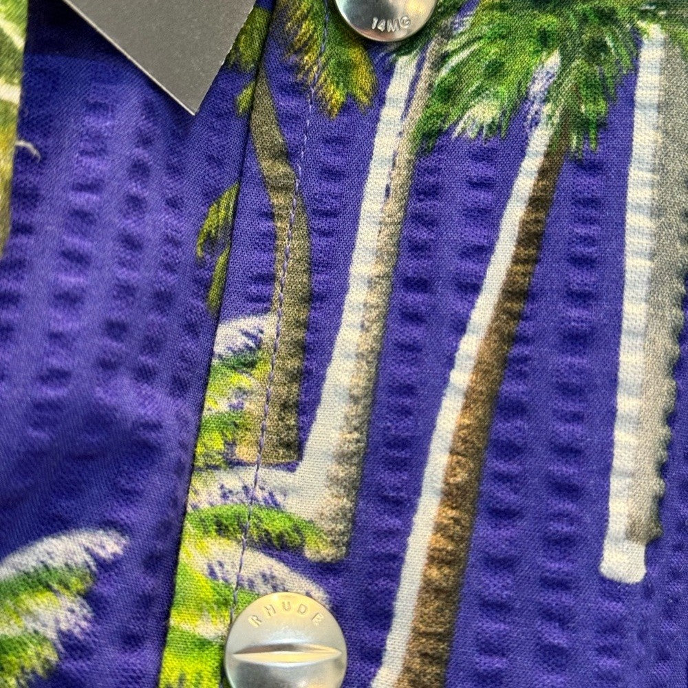Rhude Searsucker Hawaiian Blue Palm Tree Print Men's Shirt Size Large New