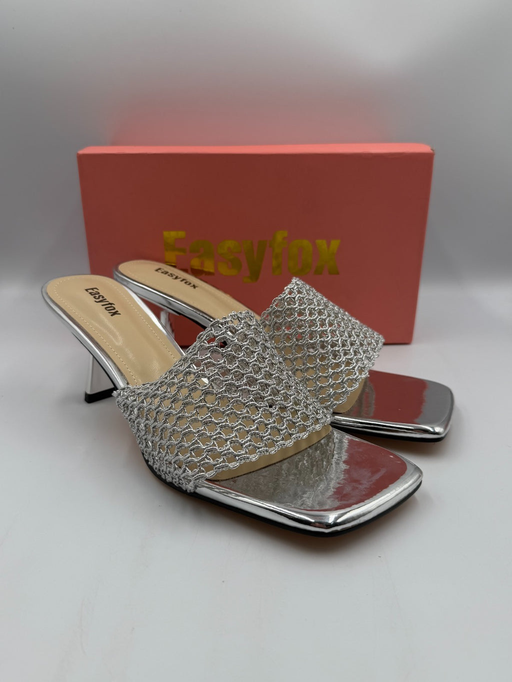 NWB Easyfox Square Toe Stiletto Heeled Slip-On Sandals Women 10 Silver Open Toe