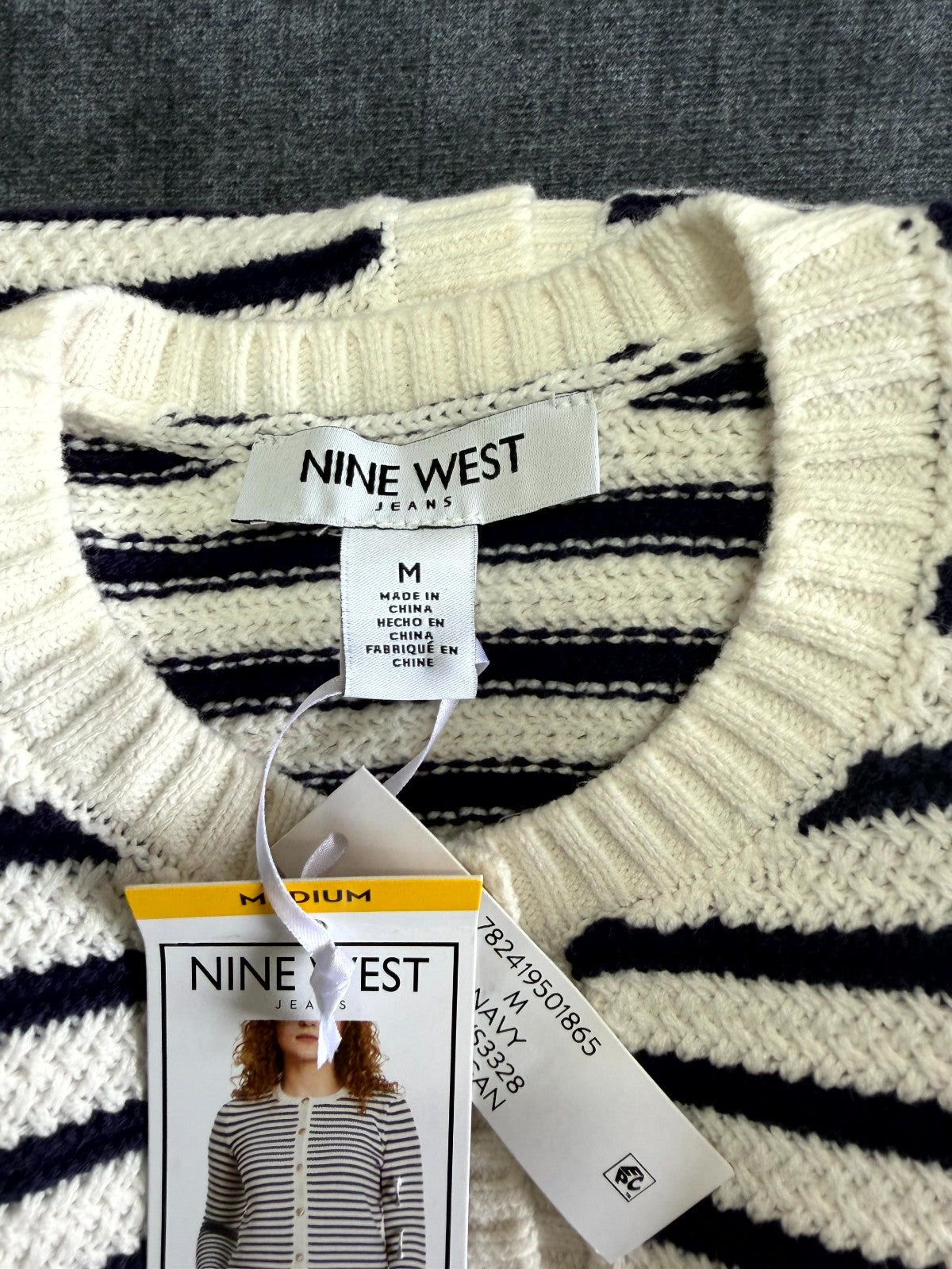 NWT Nine West Cropped Cardigan Sweater Women's Medium White Navy Striped Classic