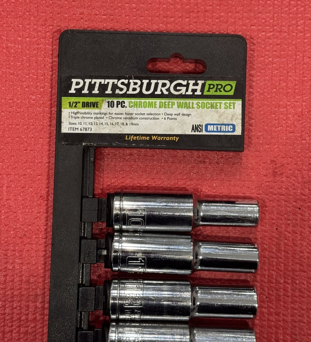 Pittsburgh Pro 67873, 10 PC CR-V Metric 6PT 1/2" Drive Deep Socket Set 10-19MM