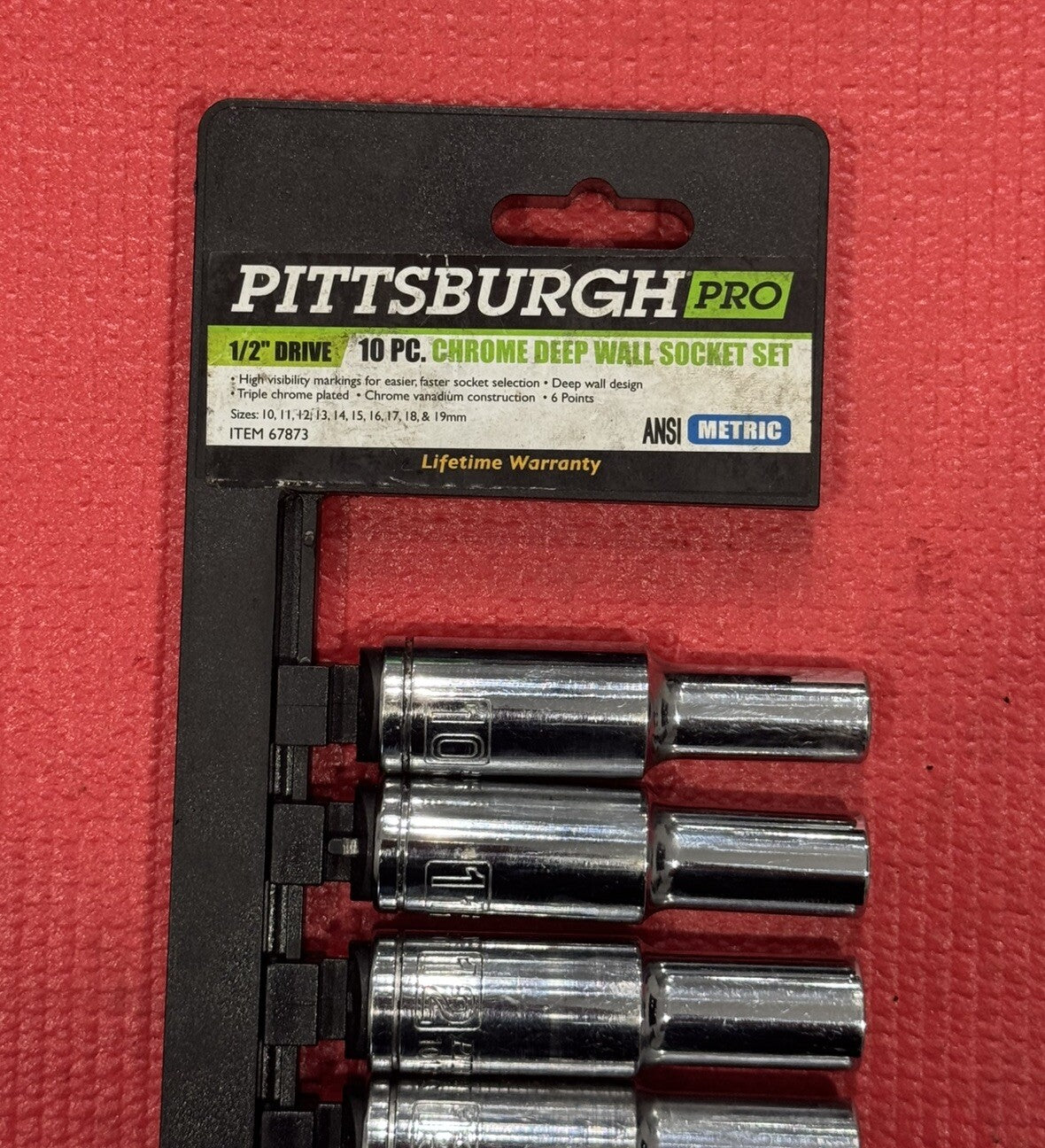Pittsburgh Pro 67873, 10 PC CR-V Metric 6PT 1/2" Drive Deep Socket Set 10-19MM