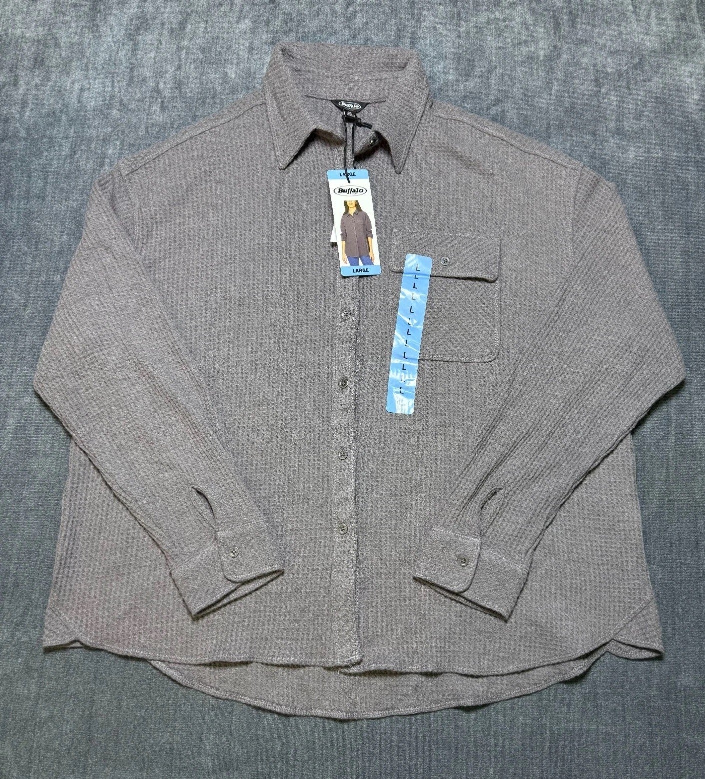 NWT Buffalo David Bitton Waffle Knit Button-UP Shirt Women's Large Gray Preppy