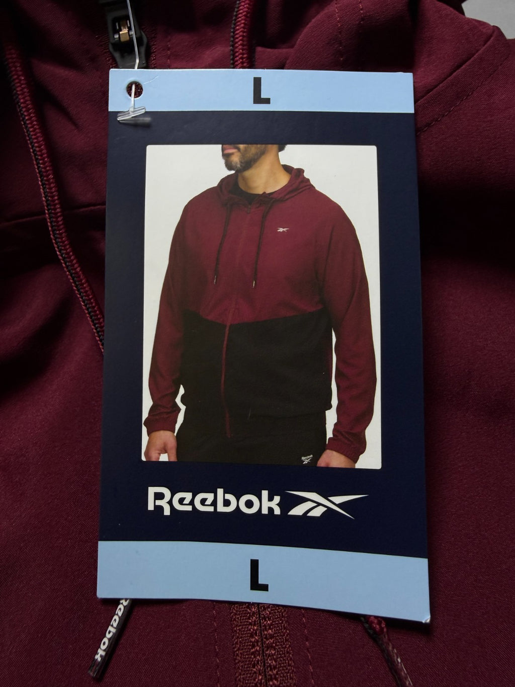 Reebok Full Zip Color Block Adjustable Hood Woven Jacket Men Large Maroon/Black