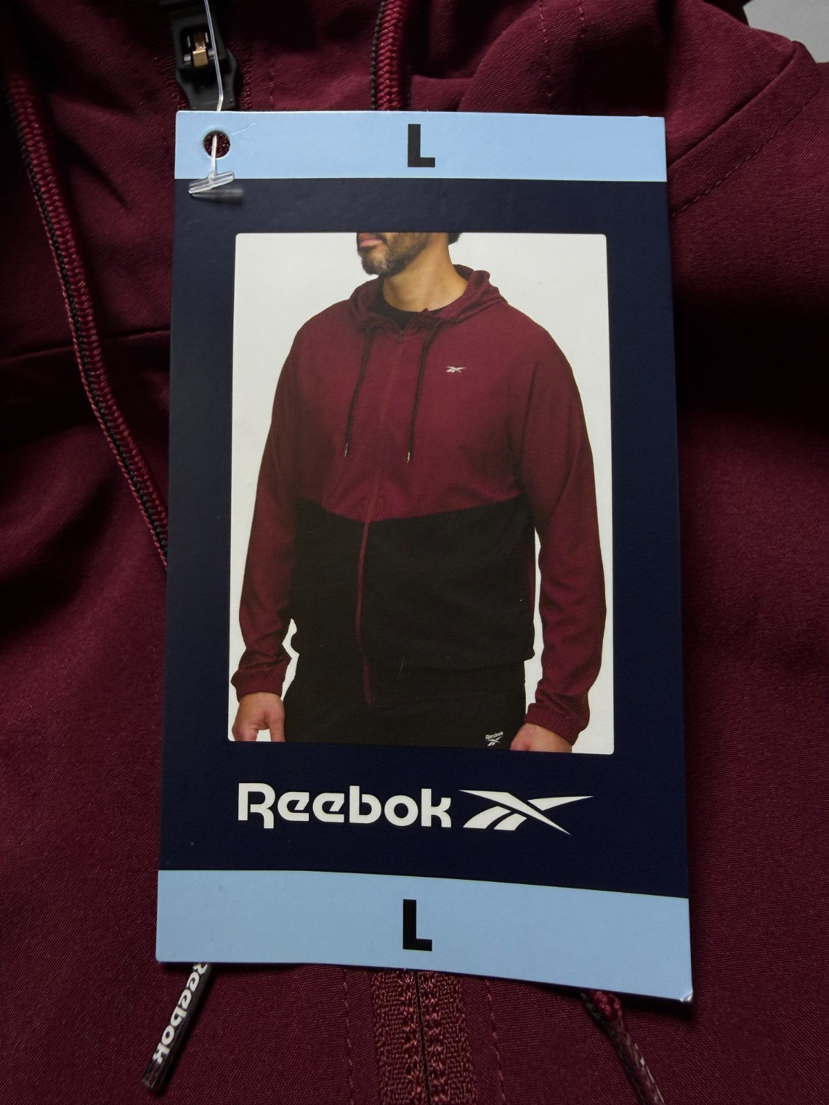 Reebok Full Zip Color Block Adjustable Hood Woven Jacket Men Large Maroon/Black