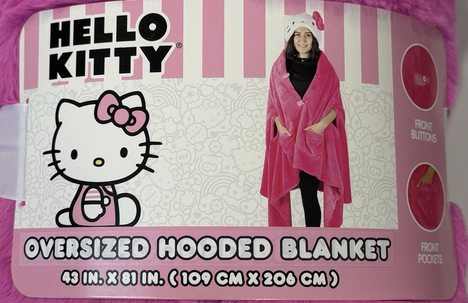 Sanrio Hello Kitty Pink Large Adult Hooded Blanket 43”X81” Pockets & Buttons NEW