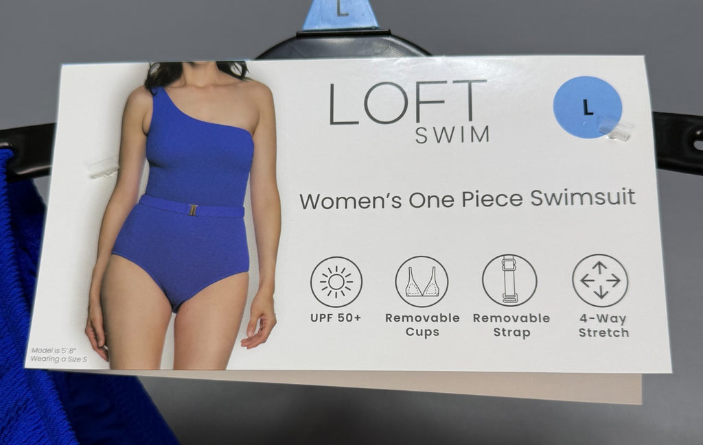 NWT Loft Asymmetrical Textured One-Piece Swimsuit Womens Large Blue Summer Beach
