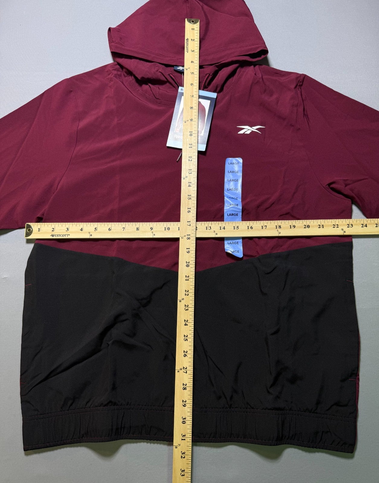 Reebok Full Zip Color Block Adjustable Hood Woven Jacket Men Large Maroon/Black