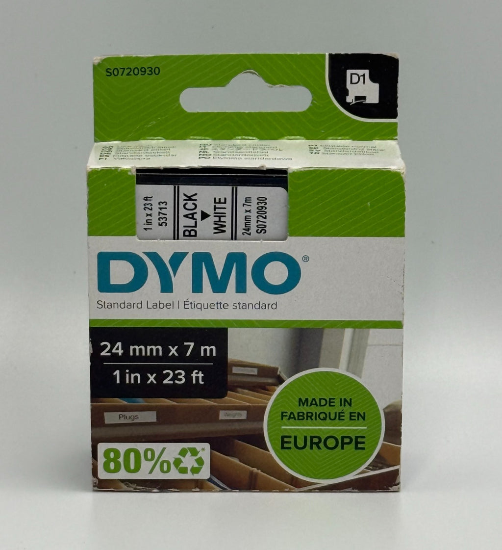 NEW DYMO D1 53713 S0720930 Standard Label Tape Black on White - 24mm 1" x 23ft