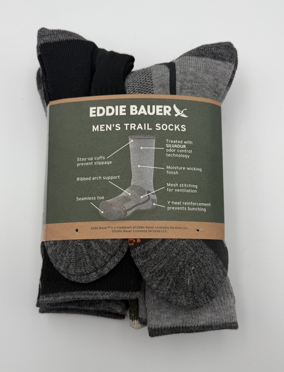 New Eddie Bauer Seamless Toe Trail Socks Men's Shoes Size 6-12 -Pairs Of 6