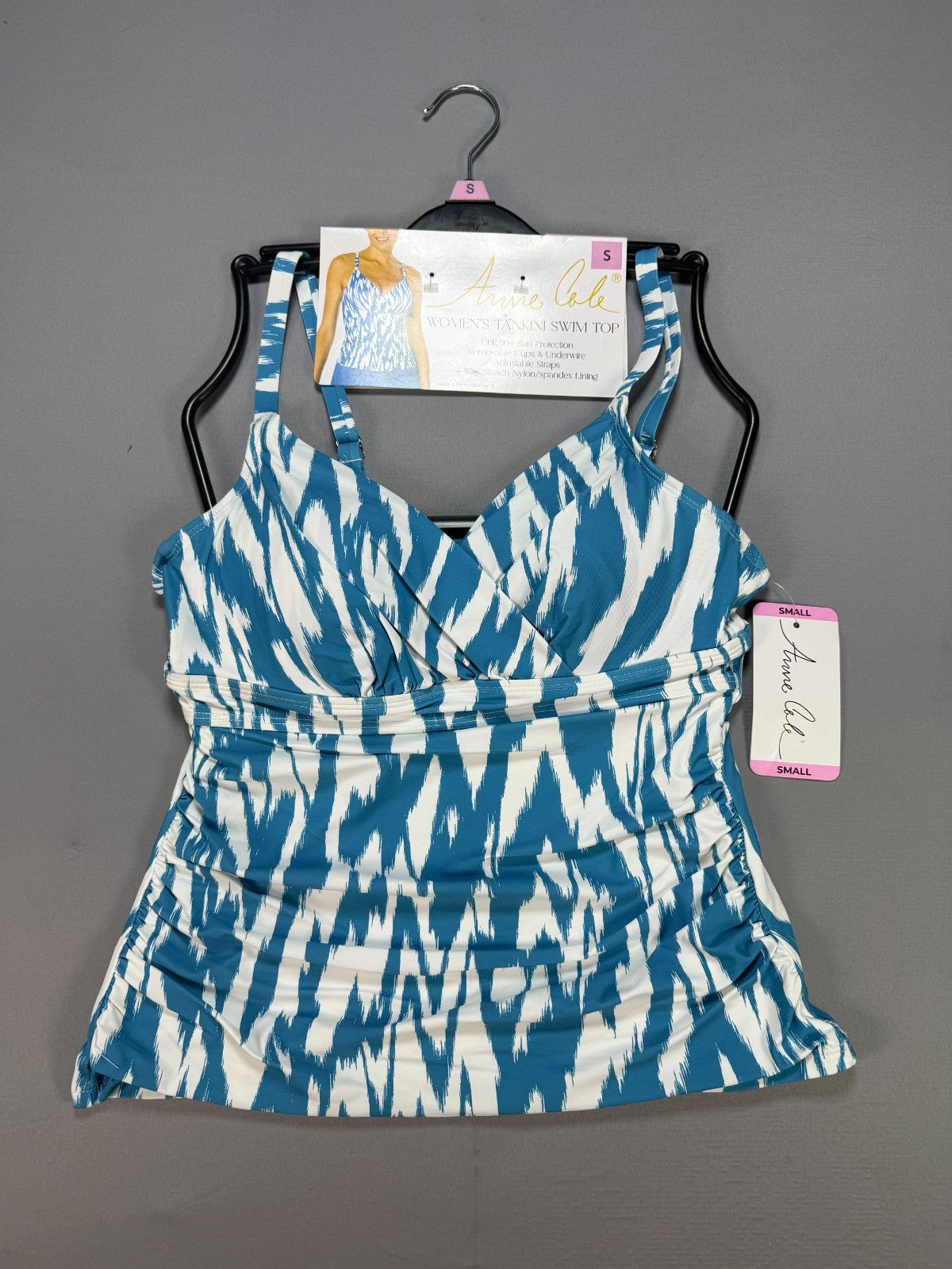NWT Anne Cole Tankini Swim Top Womens Small Turquoise White UPF 50+ Summer Beach
