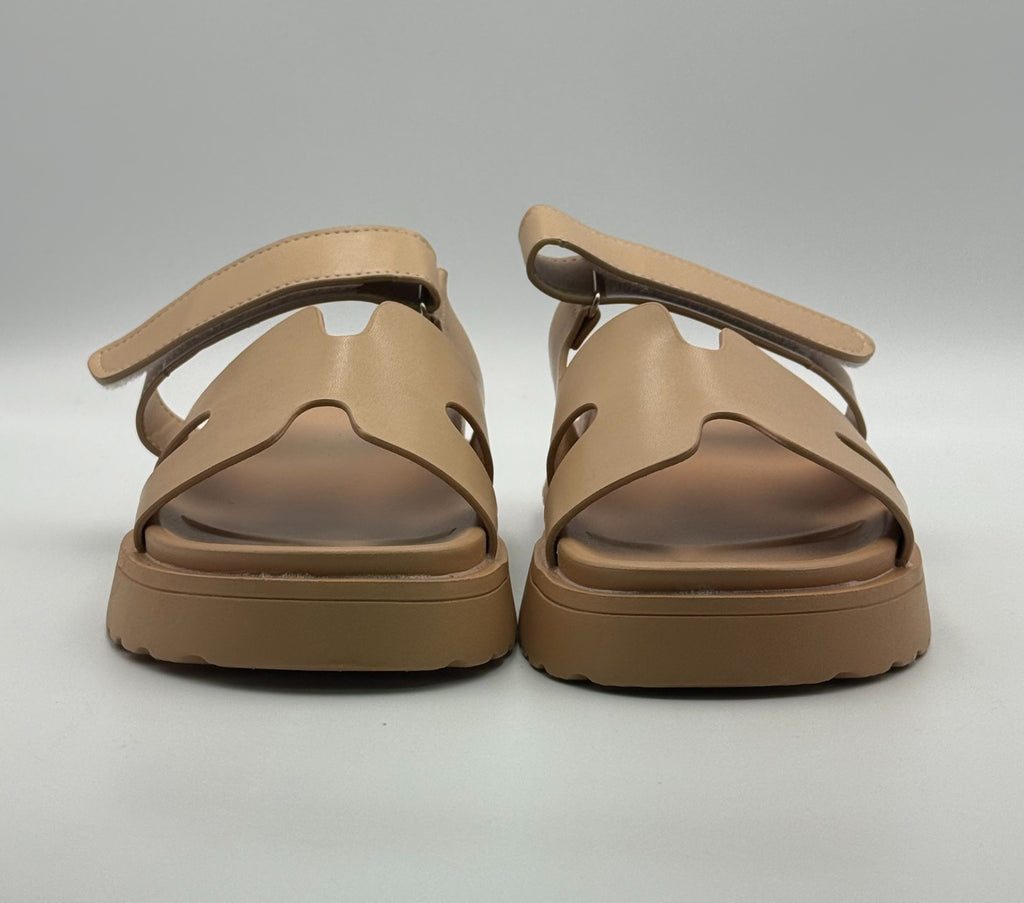 Thick Platform Slide Flat Sandals Women 11.5 Apricot Beige Open Toe Strap Summer