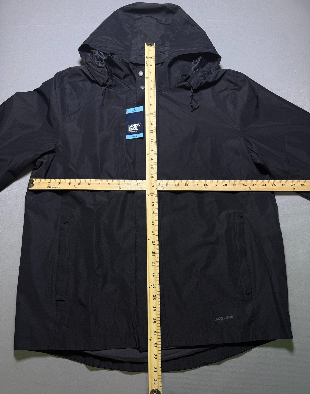 NWT Lands End Waterproof Hooded Rain Jacket Women Large Black Long Sleeve Zipper