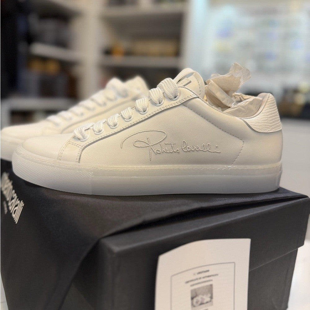 Roberto Cavalli Cream Calf Low Sneakers