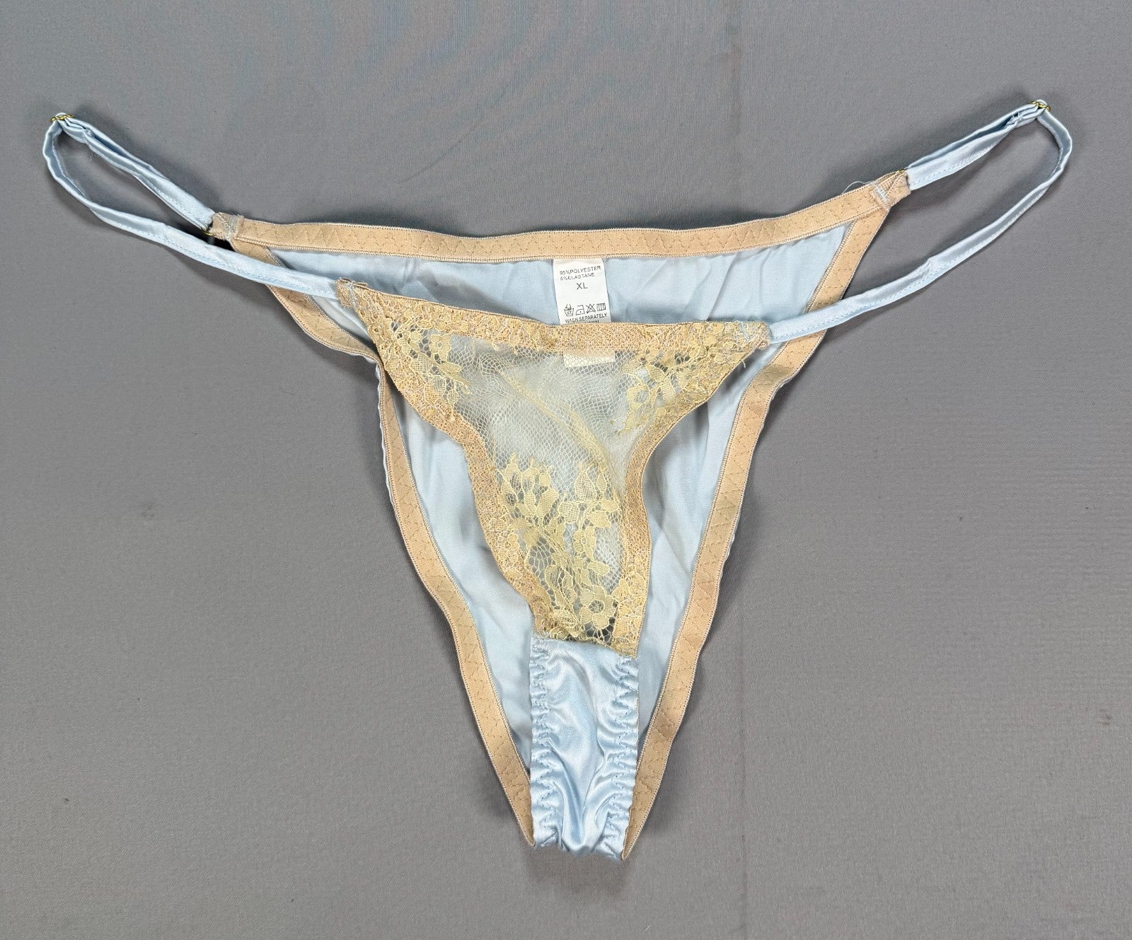 New Womens XL Light Blue Satin Lace G-String Thong Panties Sexy Sheer Underwear