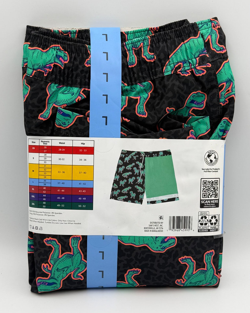 NWT Member's Mark Resort Swim Trunks Men's Large Black Dinosaur Lined 7" Inseam