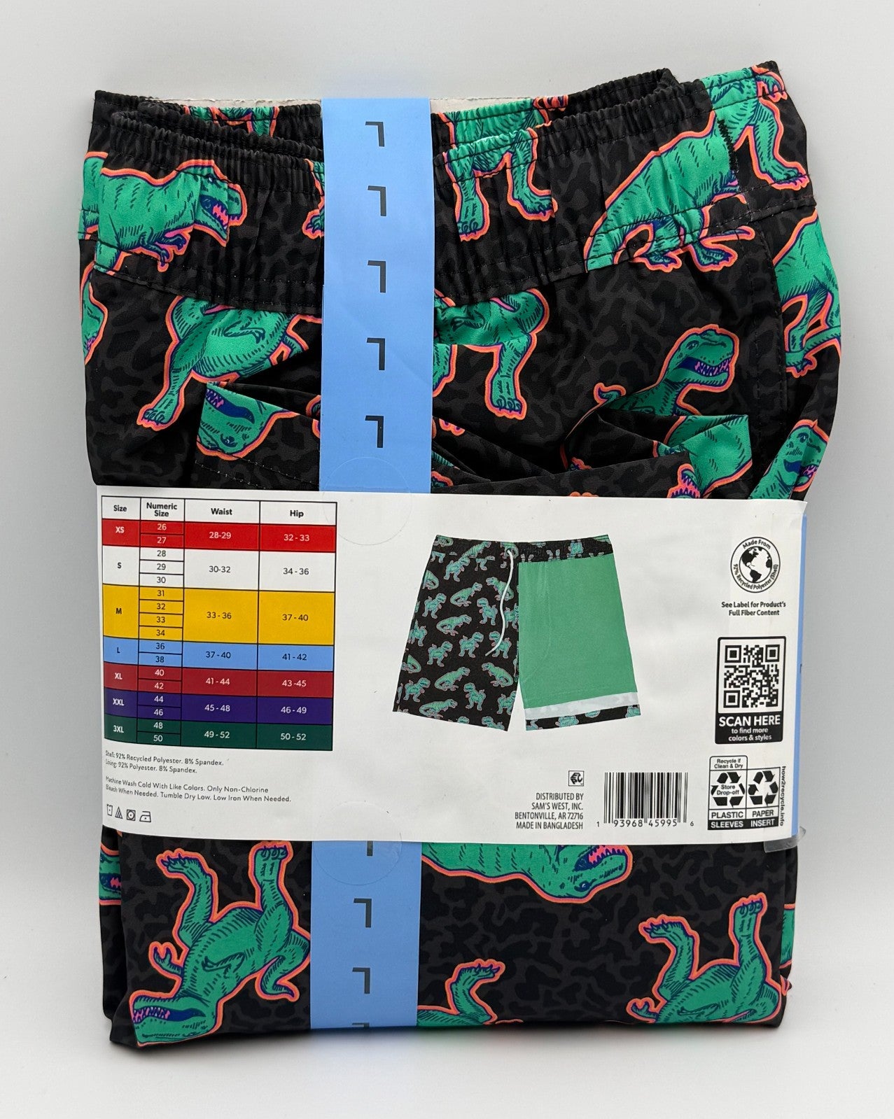 NWT Member's Mark Resort Swim Trunks Men's Large Black Dinosaur Lined 7" Inseam