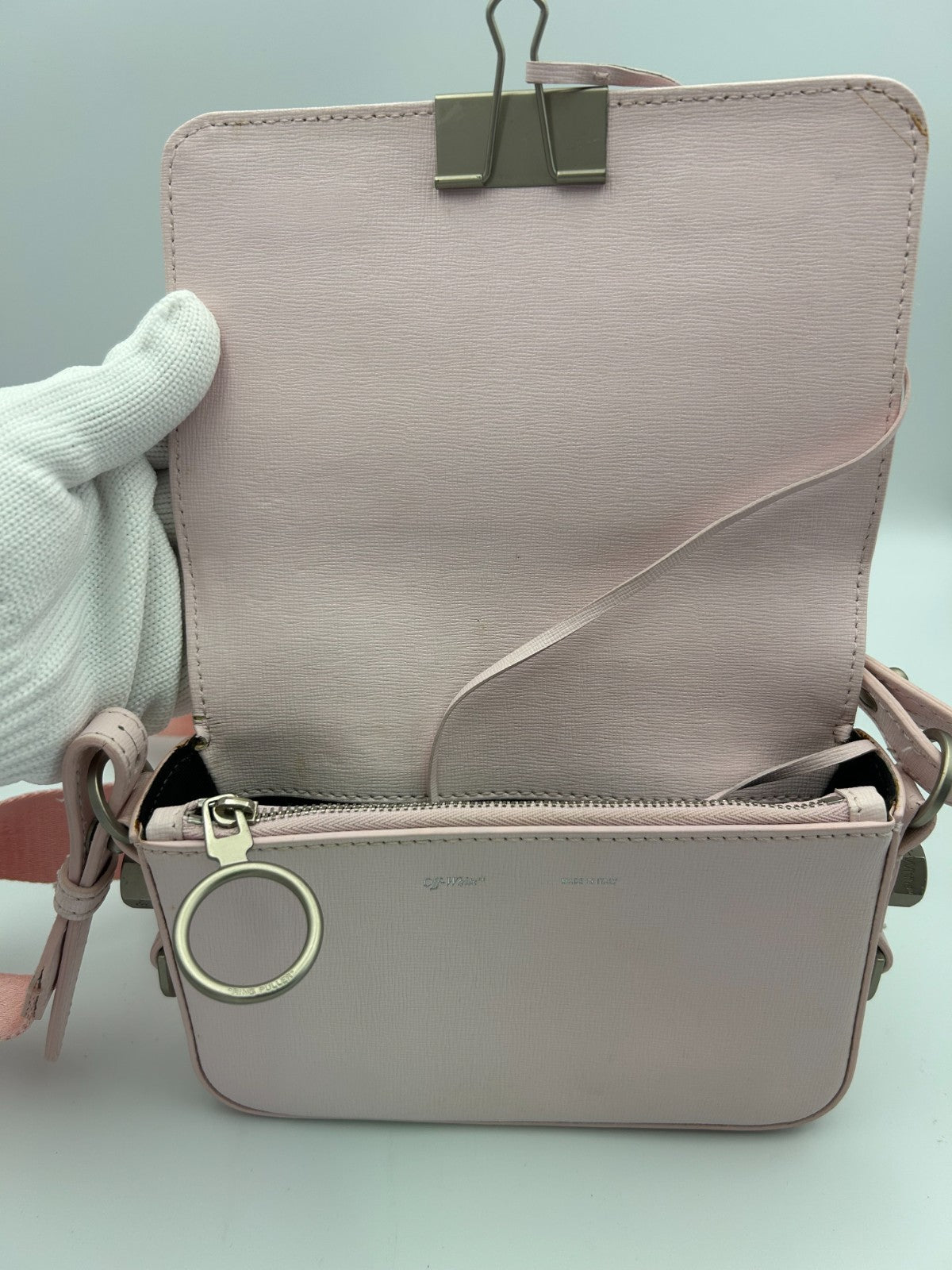 Off-White Pale Pink Binder Clip Leather Crossbody Bag Women's Modern Streetwear