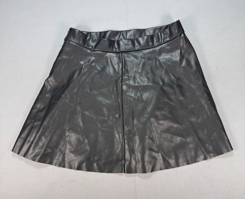 Women's Large Faux Leather Skater Skirt Black A-Line Pleated Mini Circle Skirt