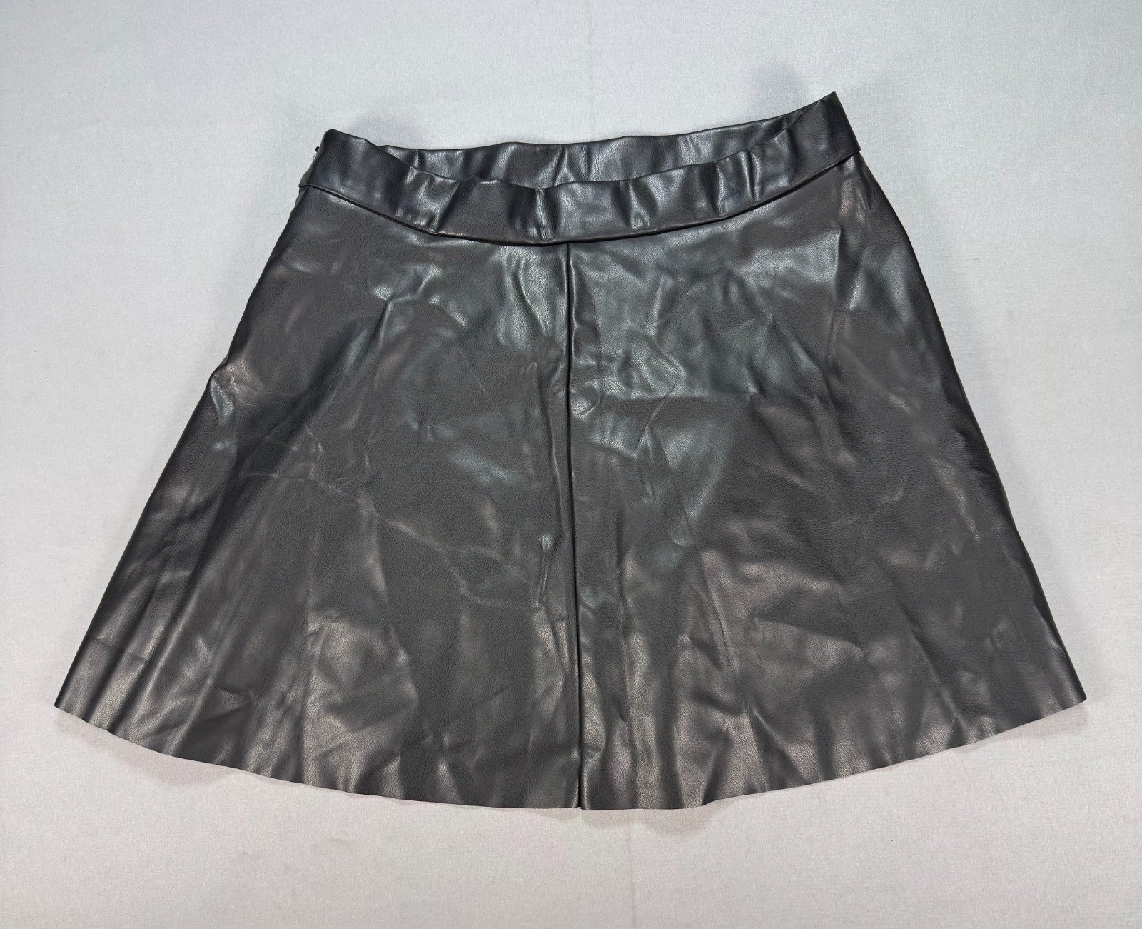 Women's Large Faux Leather Skater Skirt Black A-Line Pleated Mini Circle Skirt