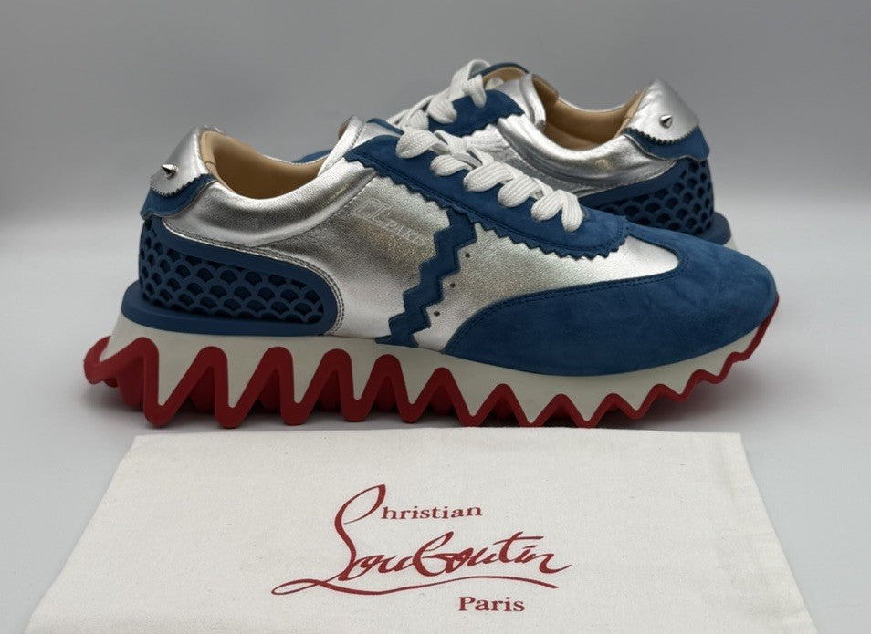 Christian Louboutin Loubishark Flat Ludwig Blue Suede Silver Size 40.5 EU 7.5 US