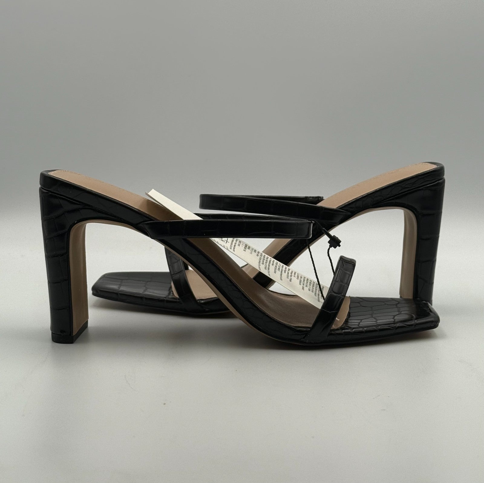New The Drop Avery Two Strap Sandals Women 9 Black Crocodile Embossed High Heel
