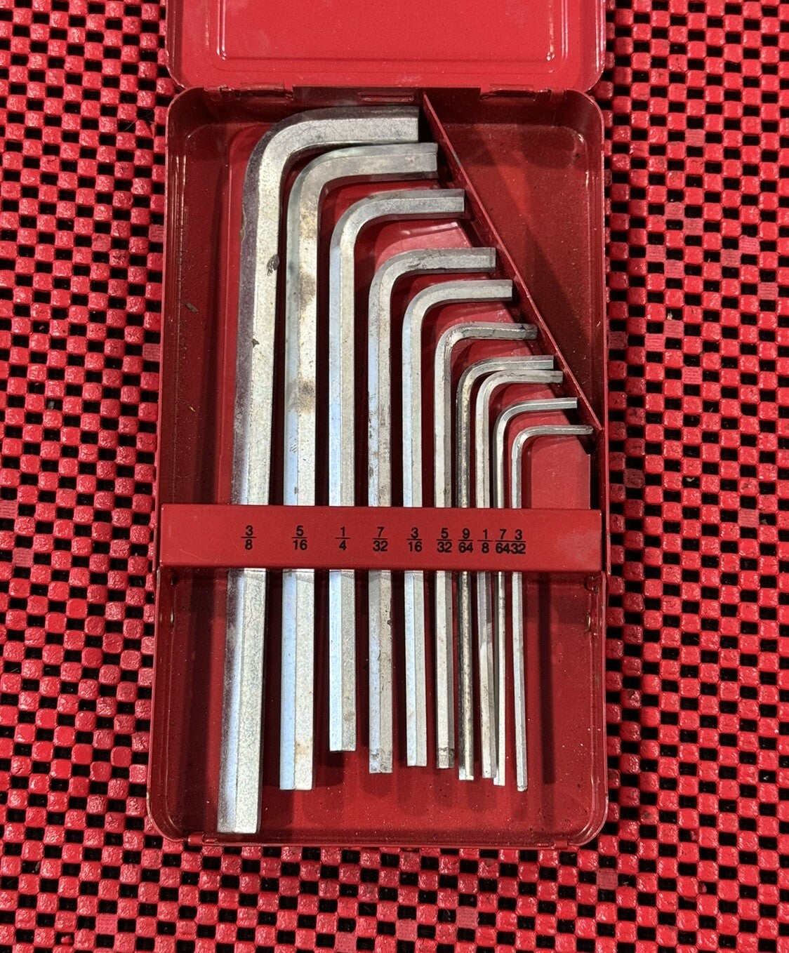 Snap-On Tools Vintage 10 PC Hex Key Set SAE 3/32''-3/8'' w/ OG Metal Case USA N6