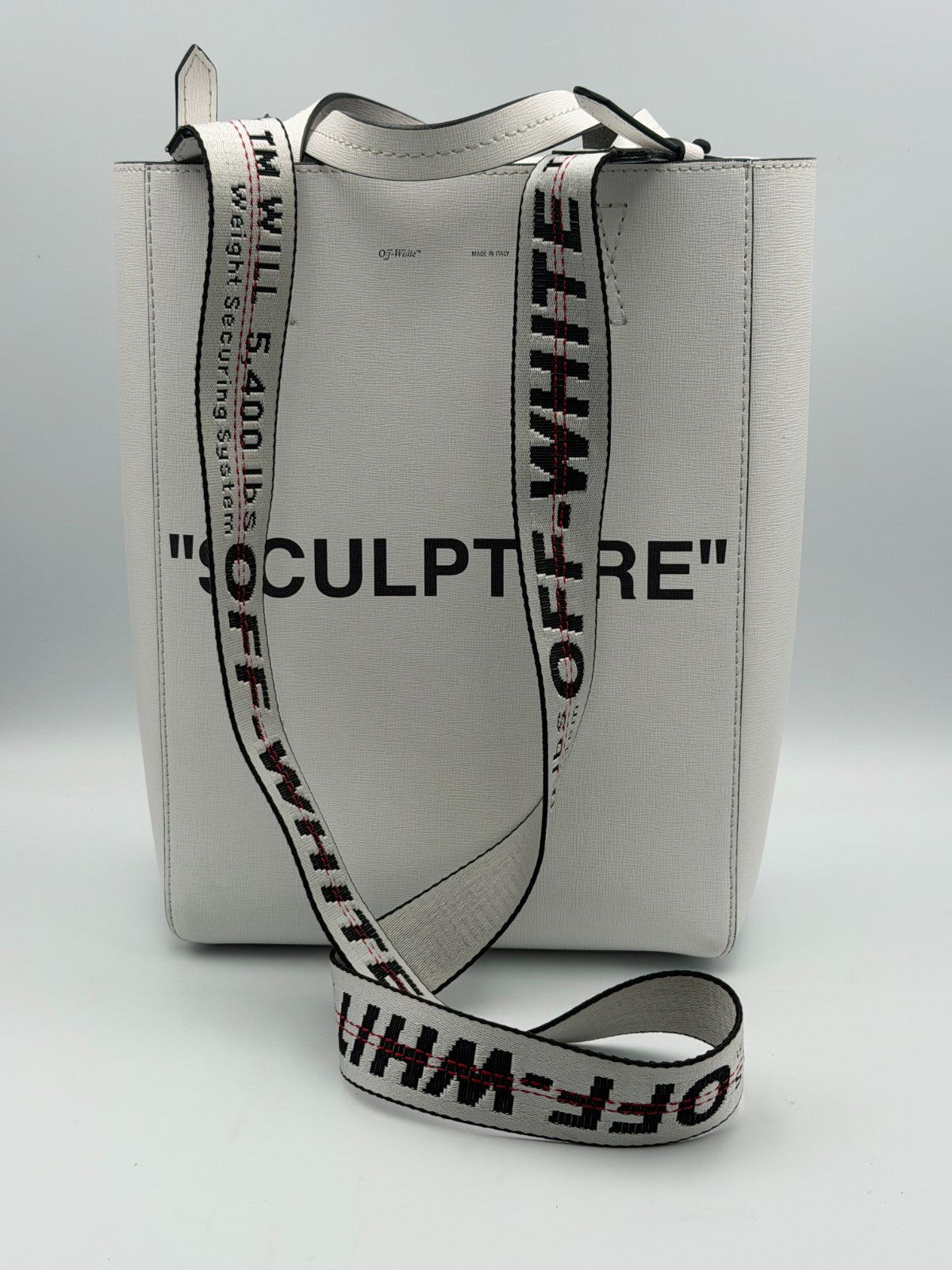 Off-White Sculpture Tote Bag Women White Leather Industrial Strap Luxury Handbag