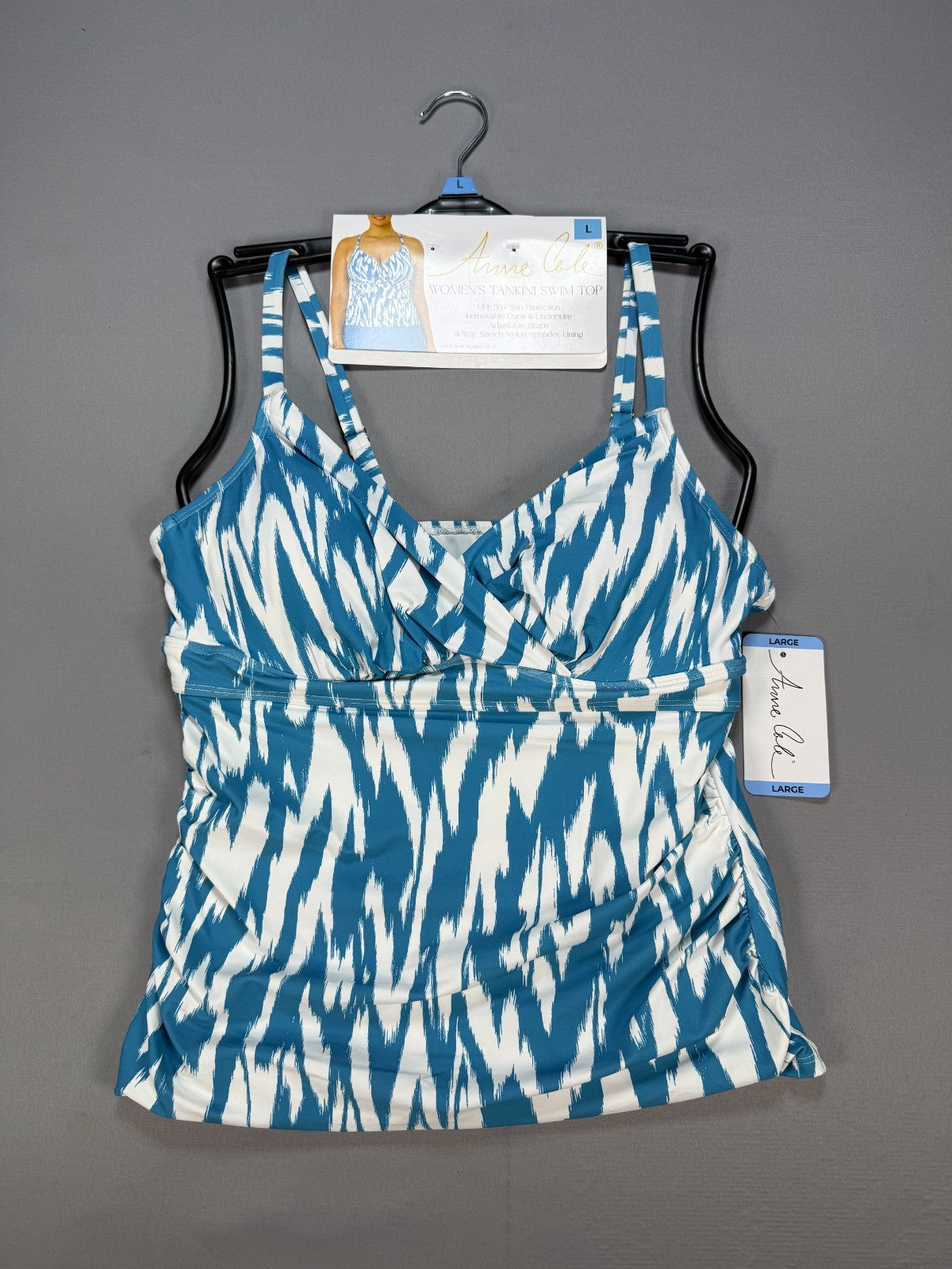 NWT Anne Cole Tankini Swim Top Womens Large Turquoise White UPF 50+ Summer Beach