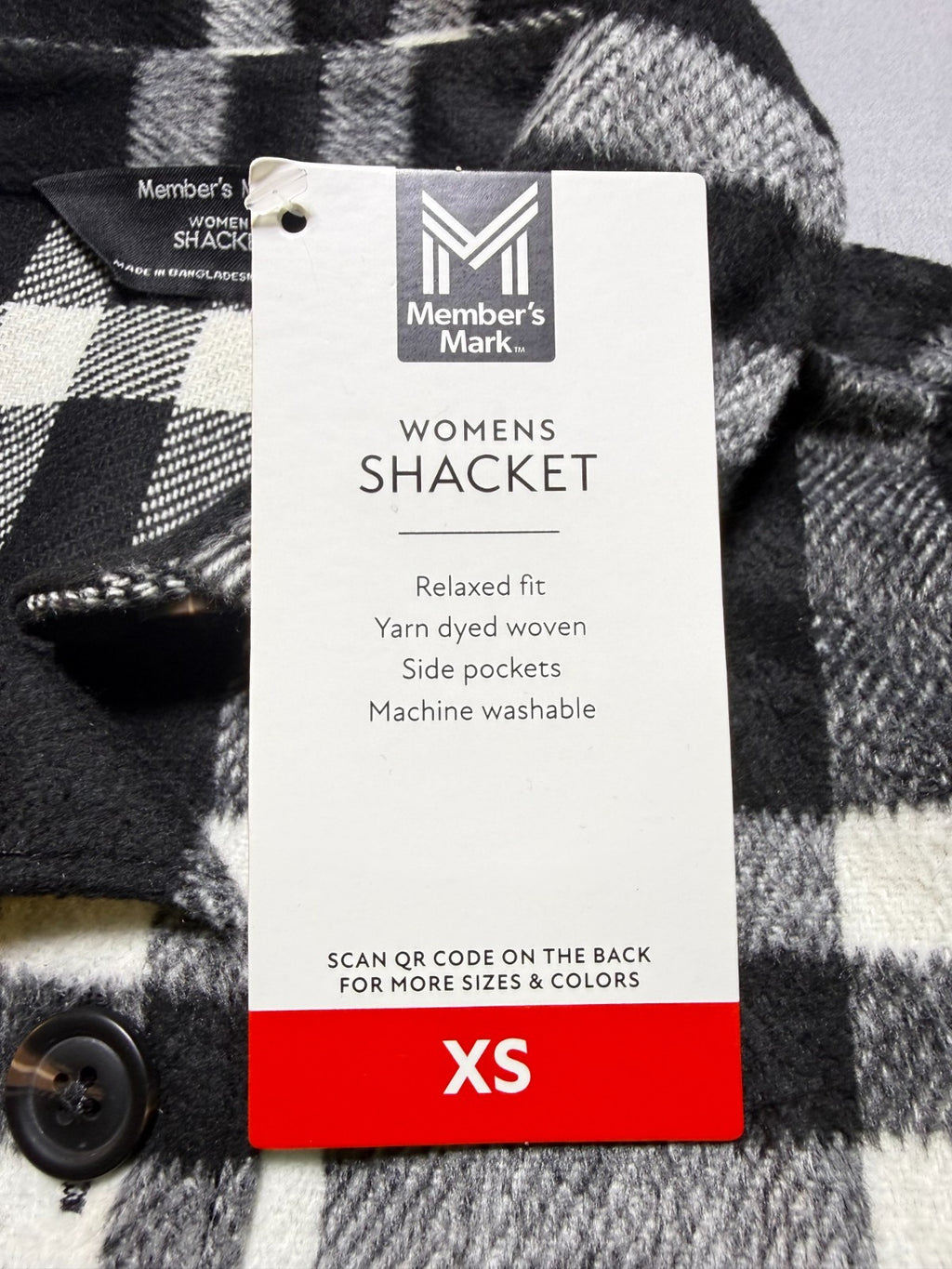 NWT Member's Mark Button-Front Plaid Shacket Women's XS Black/White Flap Pockets