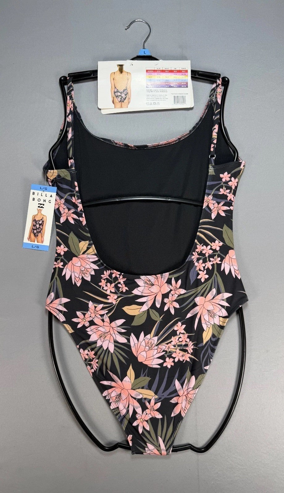 NWT Billabong One-Piece Swimsuit Women Large Black Floral Sleeveless Summer Gear