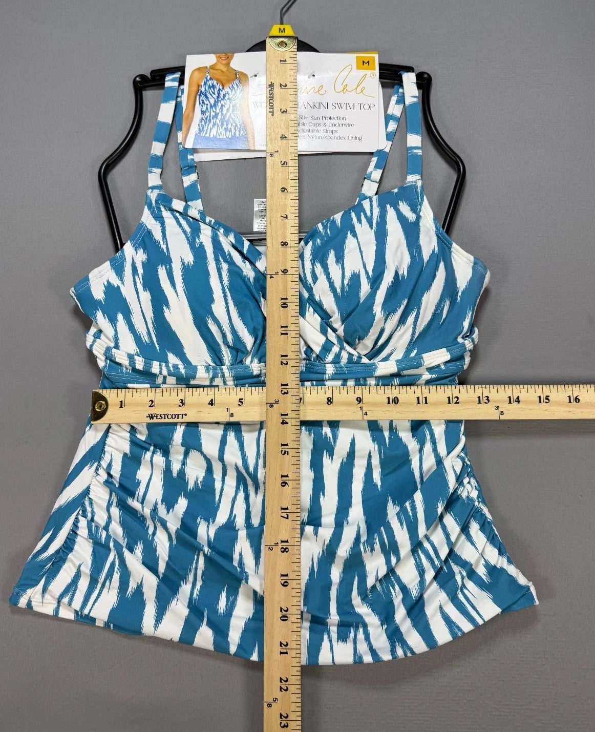 NWT Anne Cole Ruched Bustier One-Piece Swim Top Women's Medium Blue White UPF 50