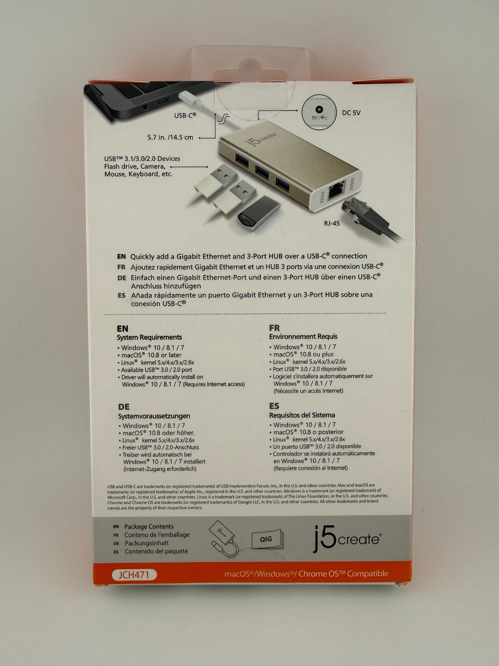 NEW J5Create JCH471 White 3.1 USB Type-C Gigabit Ethernet and Hub Multi-Adapter
