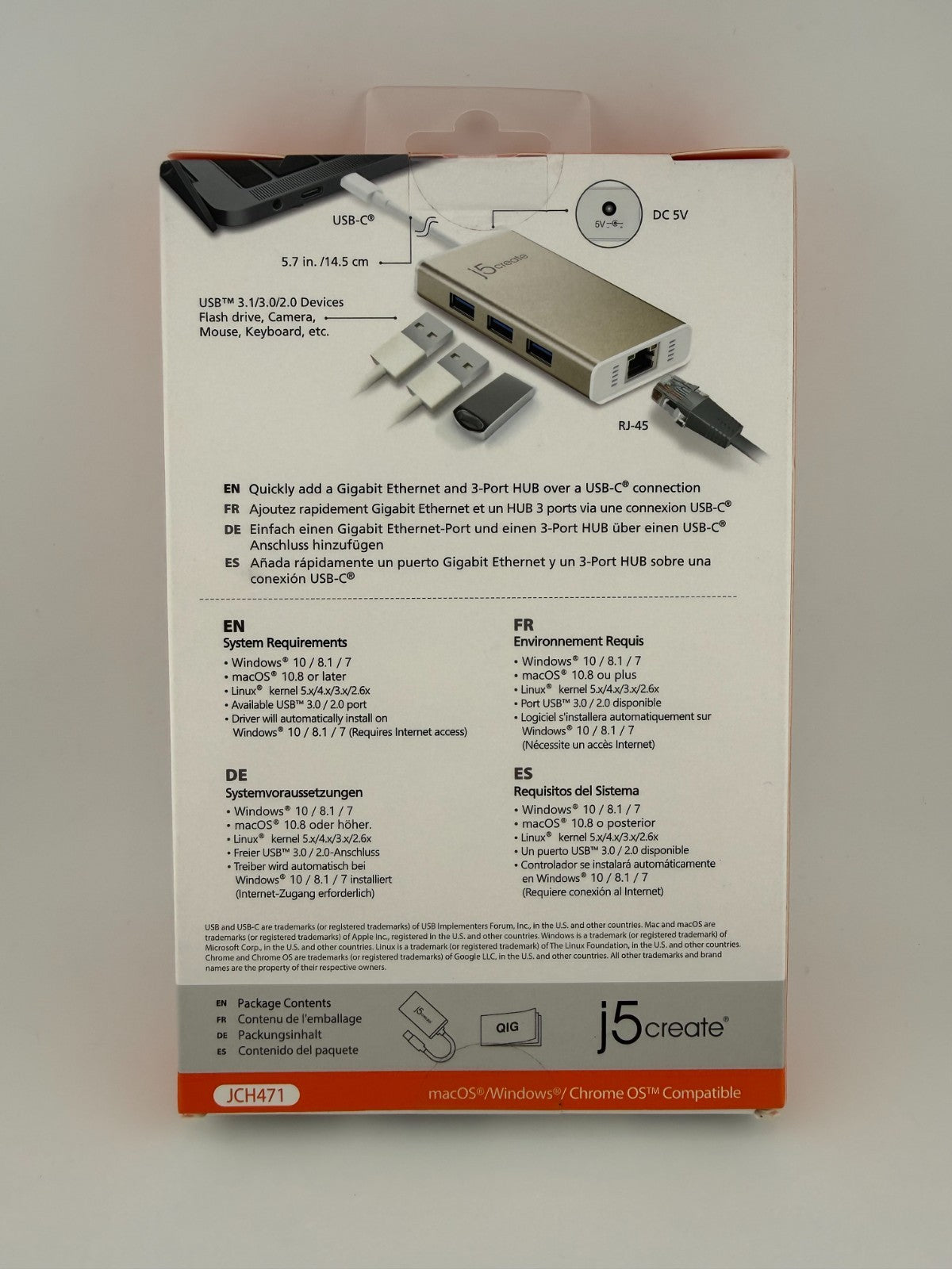 NEW J5Create JCH471 White 3.1 USB Type-C Gigabit Ethernet and Hub Multi-Adapter