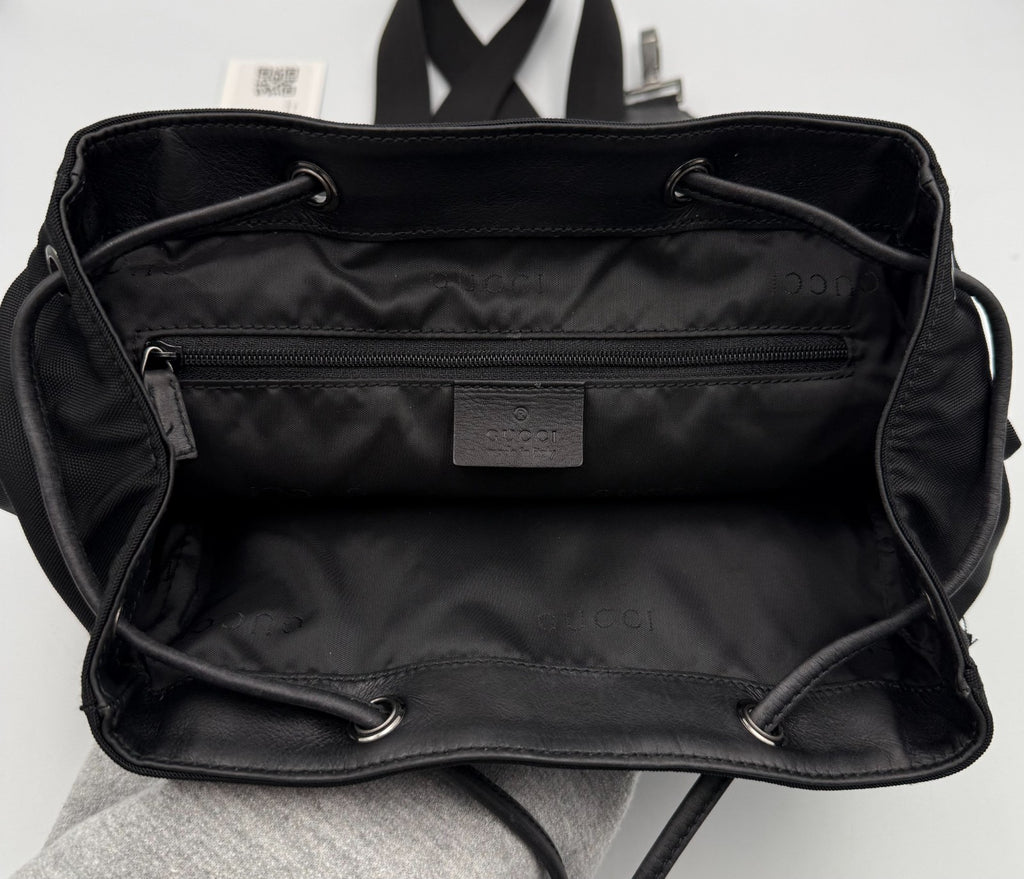 Gucci Backpack Unisex Nylon Leather Black Embossed Logo Flap Drawstring Buckle