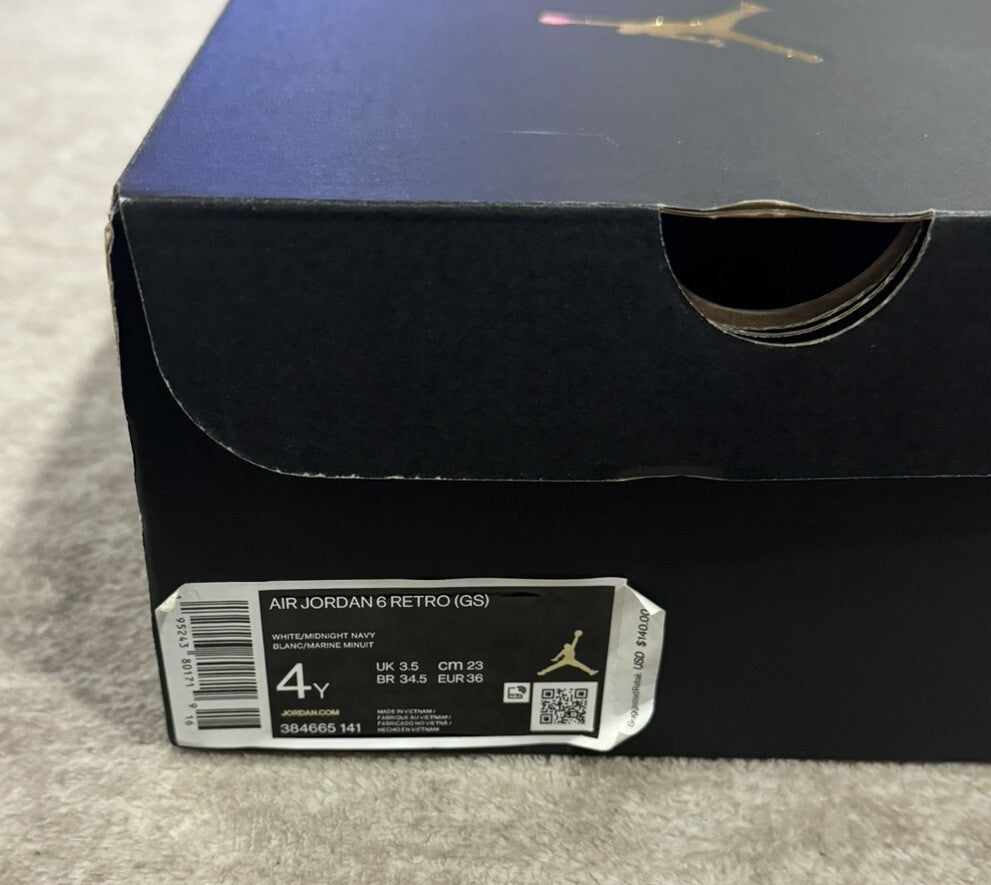 Nike Air Jordan 6 Retro GS Midnight Navy White GradeSchool Size 4Y, 384665-141