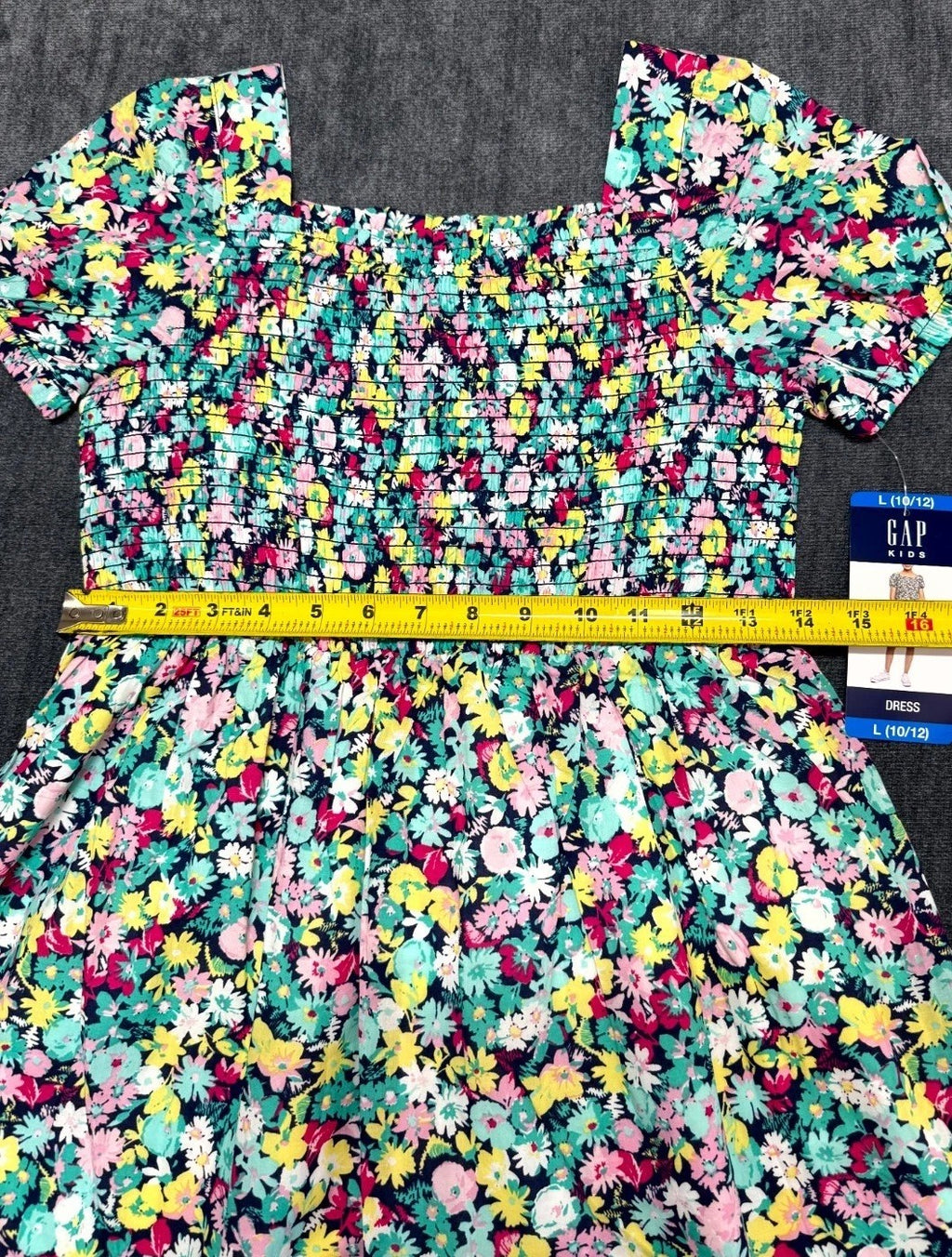 NWT Gap Knee Length Smocked Dress Girls L(10/12) Multicolor Floral Short-Sleeve