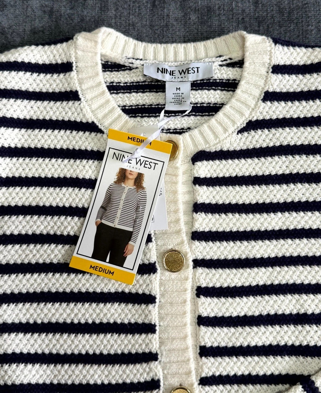 NWT Nine West Cropped Cardigan Sweater Women's Medium White Navy Striped Classic