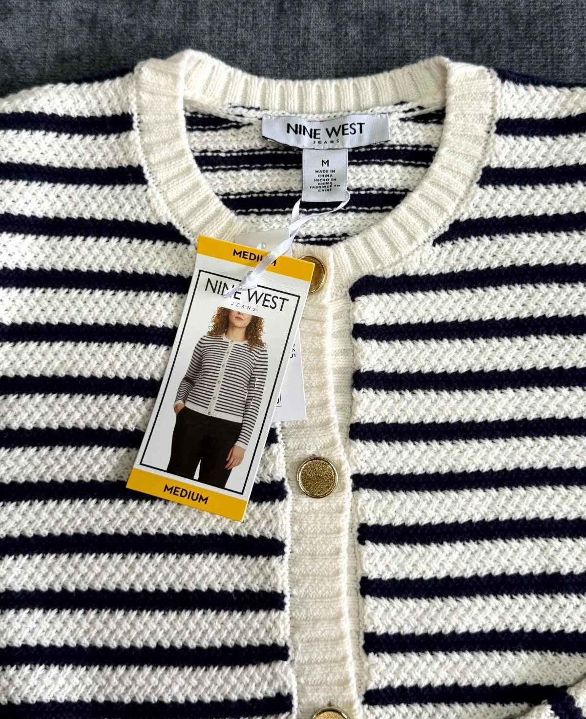 NWT Nine West Cropped Cardigan Sweater Women's Medium White Navy Striped Classic