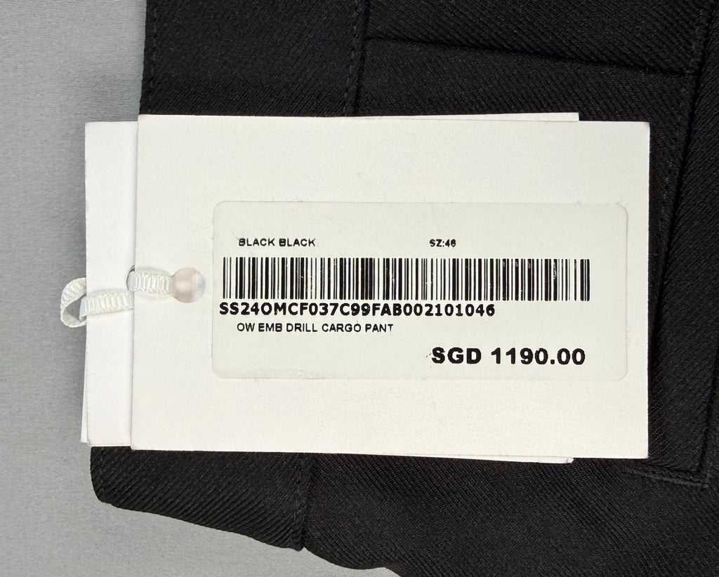 NWT Off-White OW Embroidered Drill Cargo Pants Men's 46 Black Pockets Workwear