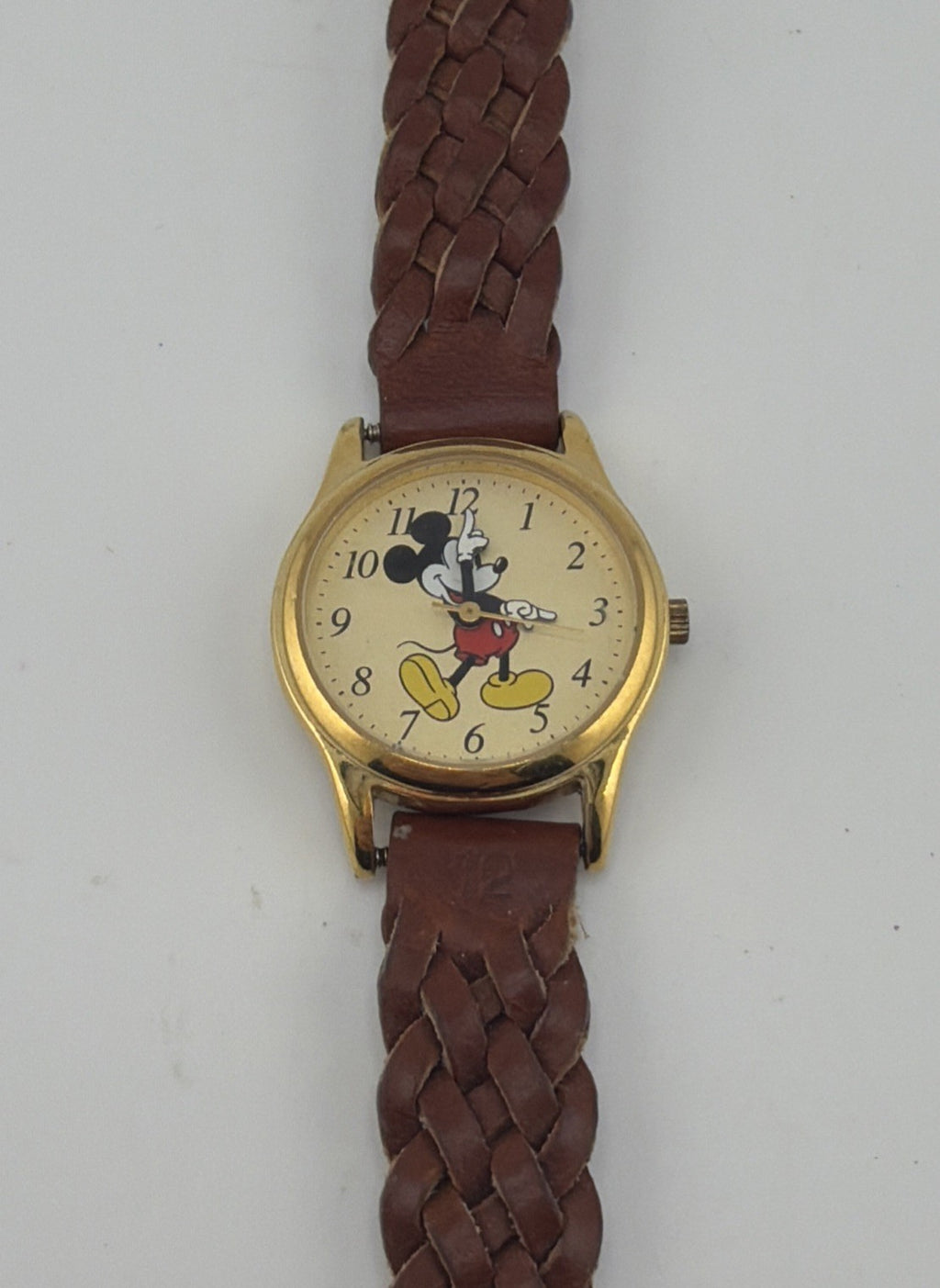 Disney Mickey Mouse Vintage Watch with Braided Brown Leather Strap Band
