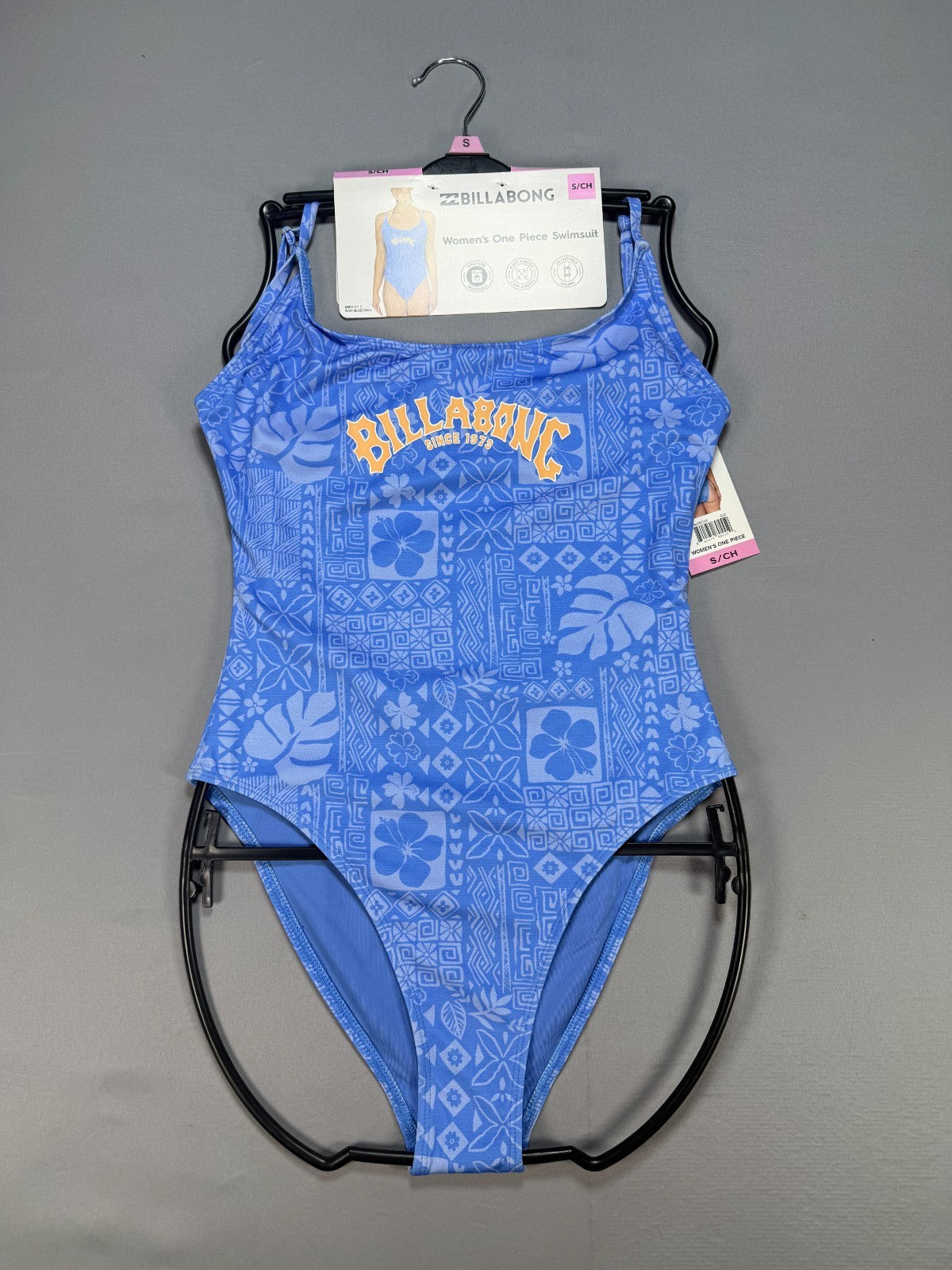 NWT Billabong One-Piece Swimsuit Women's Small Blue Logo Floral Spaghetti Strap