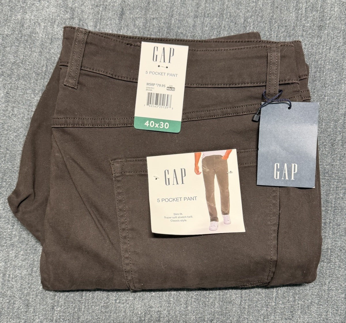 NWT Gap Slim Fit Stretch Twill Pants Men's 40x30 Brown Zip-Fly Classic 5-Pockets