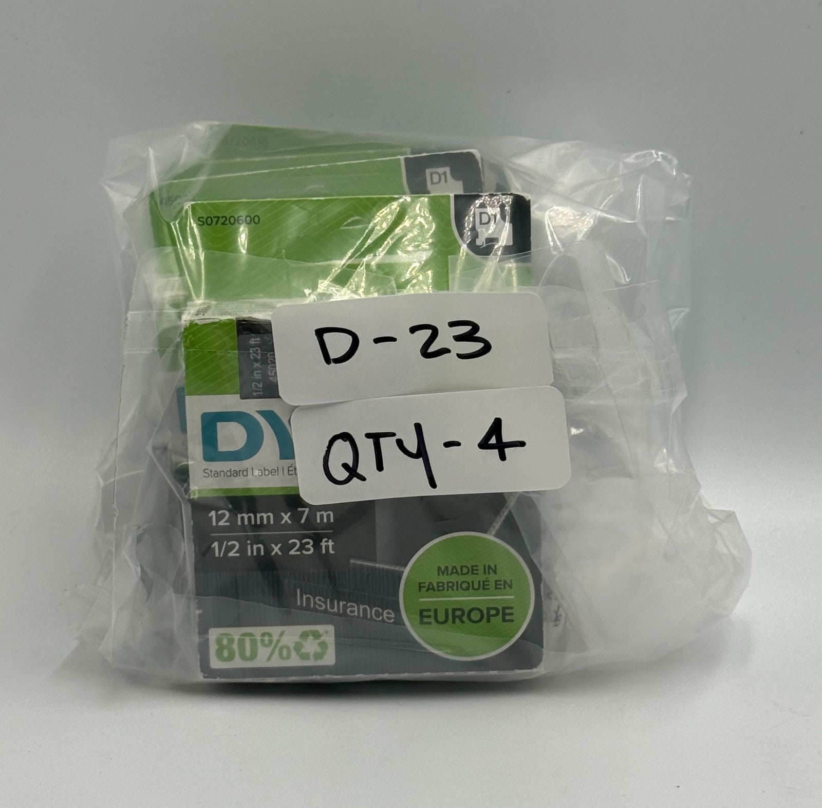 New DYMO D1 45020 S0720600 Standard Label Tape White on Clear - 12mm 1/2" x 23ft