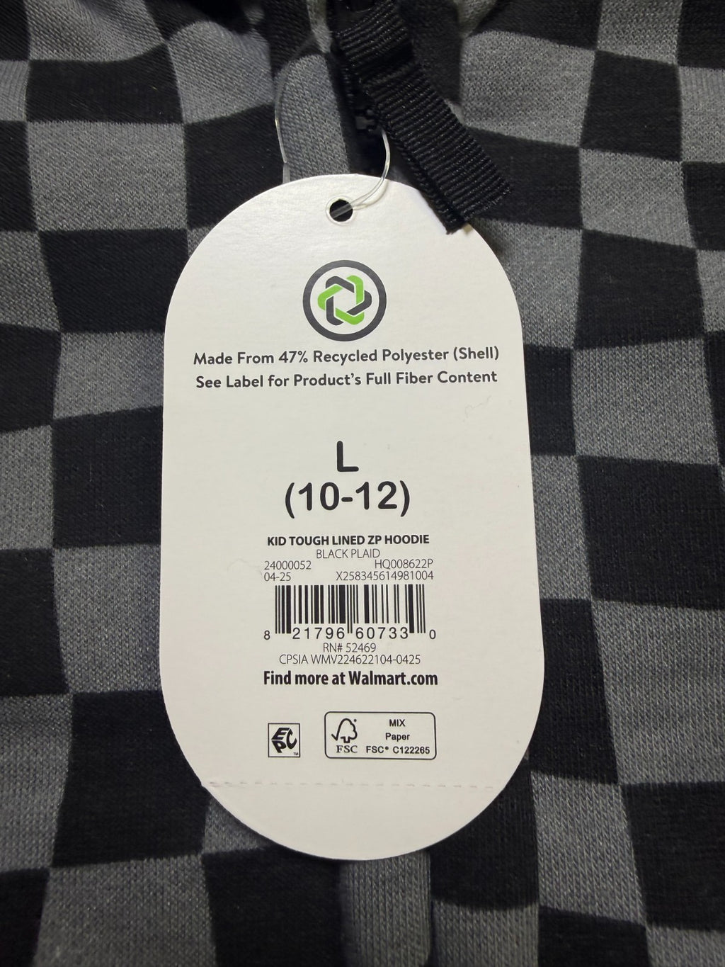 Wonder Nation Tough Fully Lined Zip Hoodie Girls Kids Large (10-12) Black Plaid